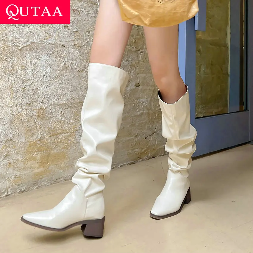 

QUTAA 2024 Autumn Winter New Women Knee High Boots Microfiber Square Toe Square Med Heel Thick Heels Shoes Woman Size 34-39