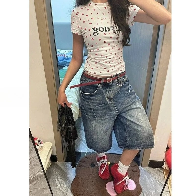 Women Vintage Washed Denim Jorts Y2K High Waist Baggy Wide Leg Knee Length Shorts Casual Streetwear Korean Fashion Jeans Bottoms