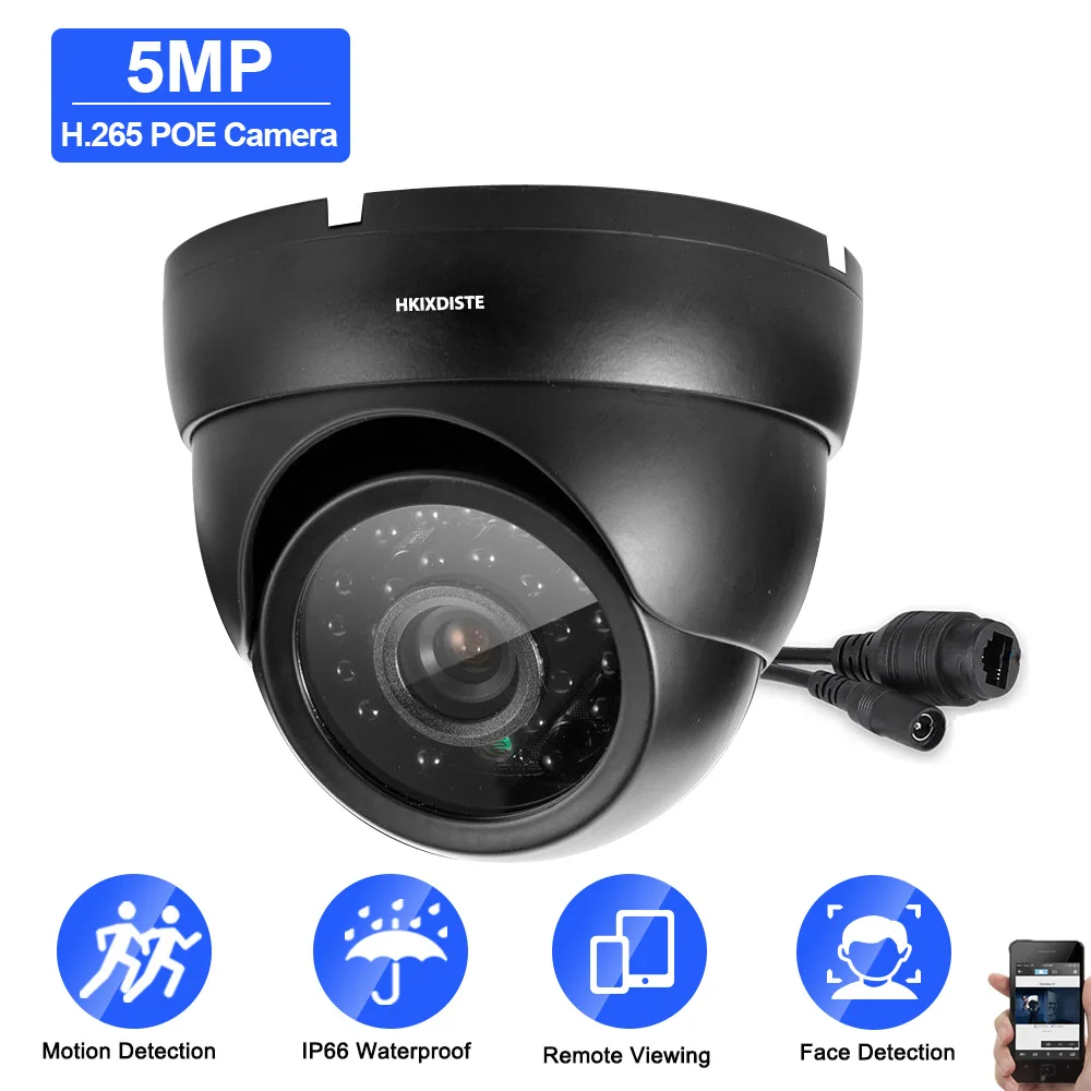 5MP POE IP Cam H.265 CCTV Security Camera Black POE 48V Indoor Outdoor Waterproof Mini Dome Camera Video Surveillance System 2K