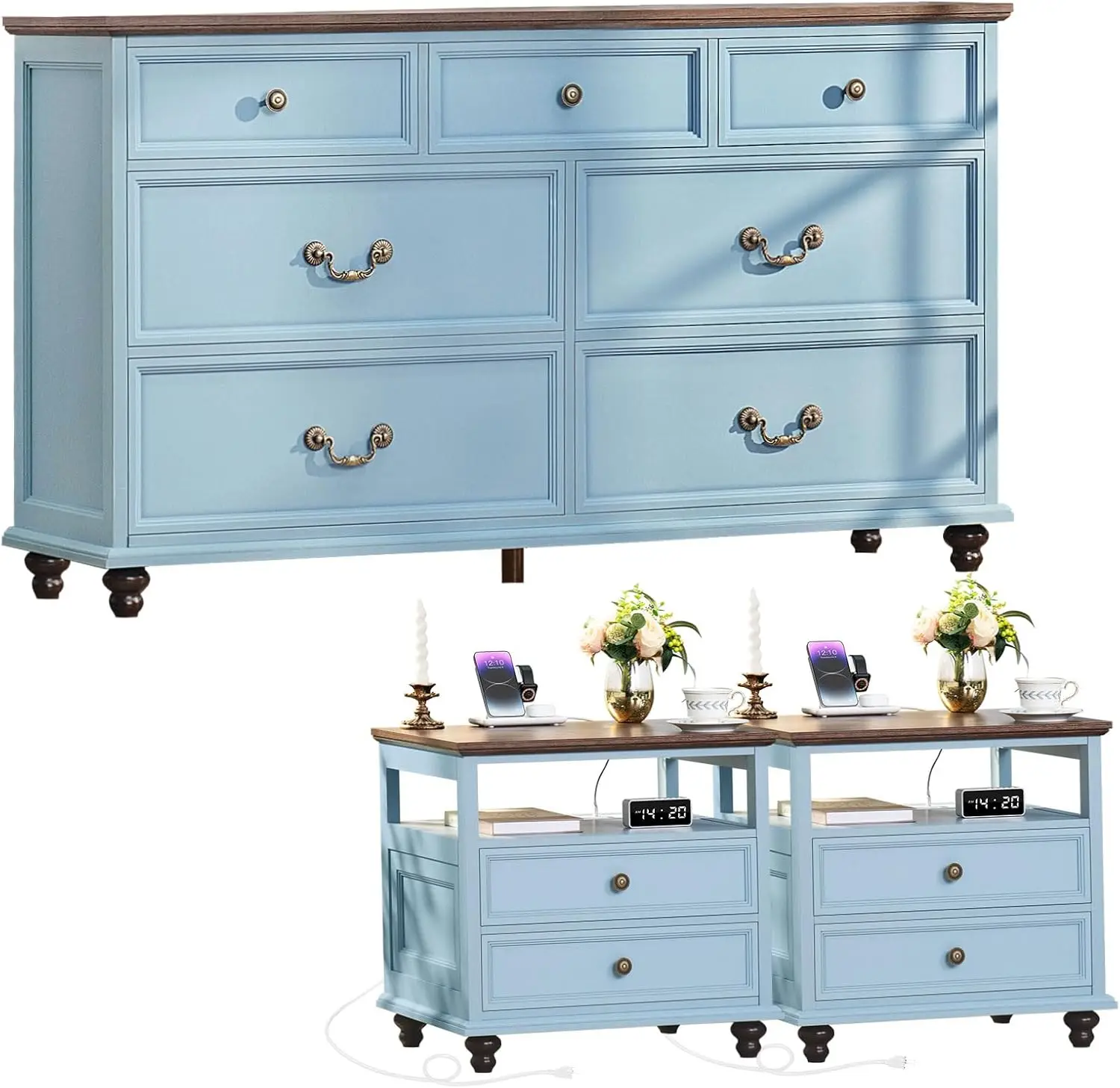 Furniture Set, Nightstands Set of 2 and 7 Drawers Dresser for Bedroom, 54 Inch Wide Wood Dresser