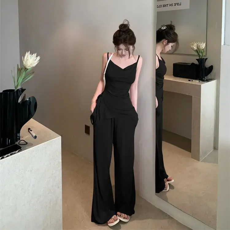 Pink Slim Fit Strapless Camisole Women's 2 pcs set Summer Wide Leg Casual Pants Two-Piece Set