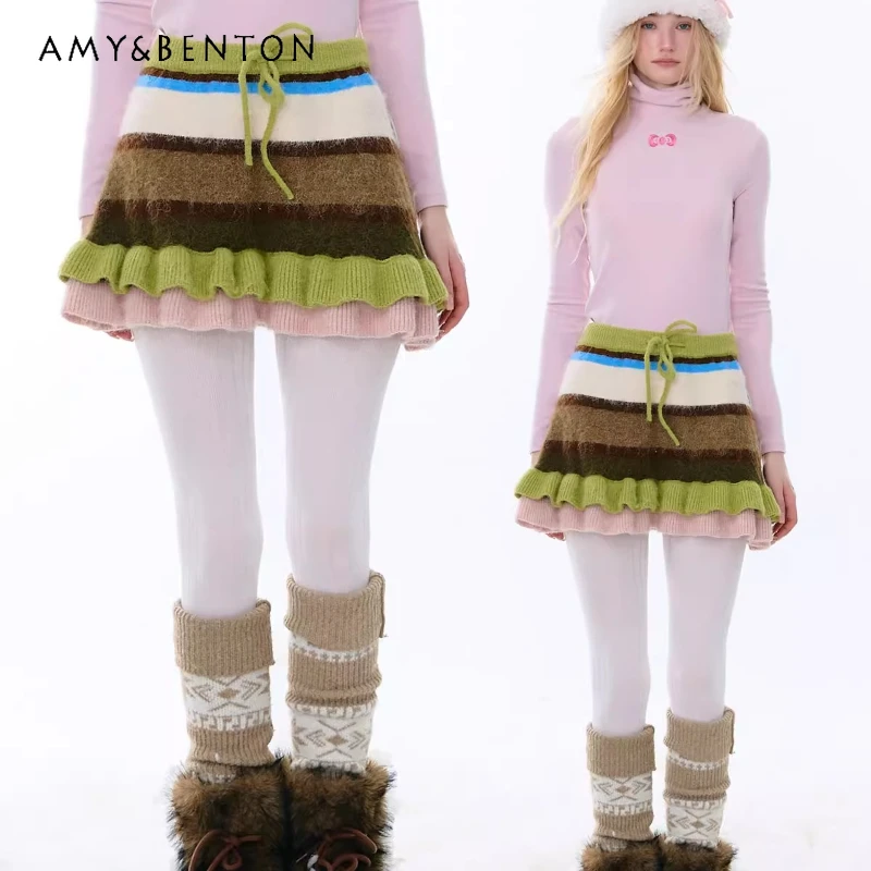 

Vintage Design High Waist Slimming Color Block Women's Short Skirt Autumn Winter New Versatile Striped Knitted Skirts Ladies