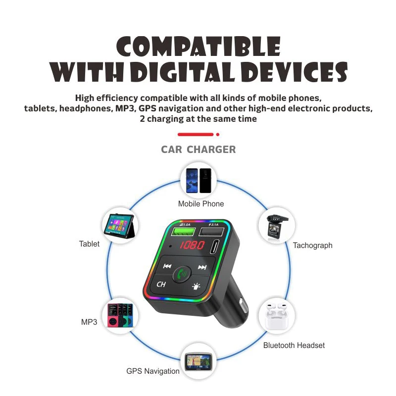Portable Car MP3 Bluetooth Player 5.3 FM Transmitter Fast Charger Multi-protection Radio Modulator Handsfree Call GPS Navigater