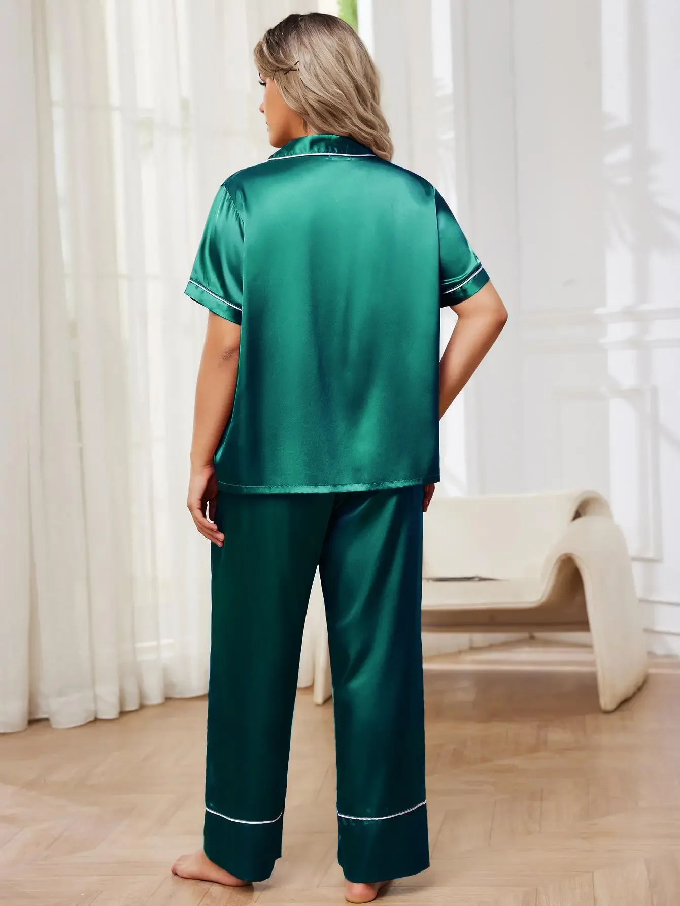 Solid Silk Satin Women\'s Pajamas Sets Short Sleeve Front Button Top & Elastic Waist Wide Leg Pants Female 2 Piececs Sleepwear