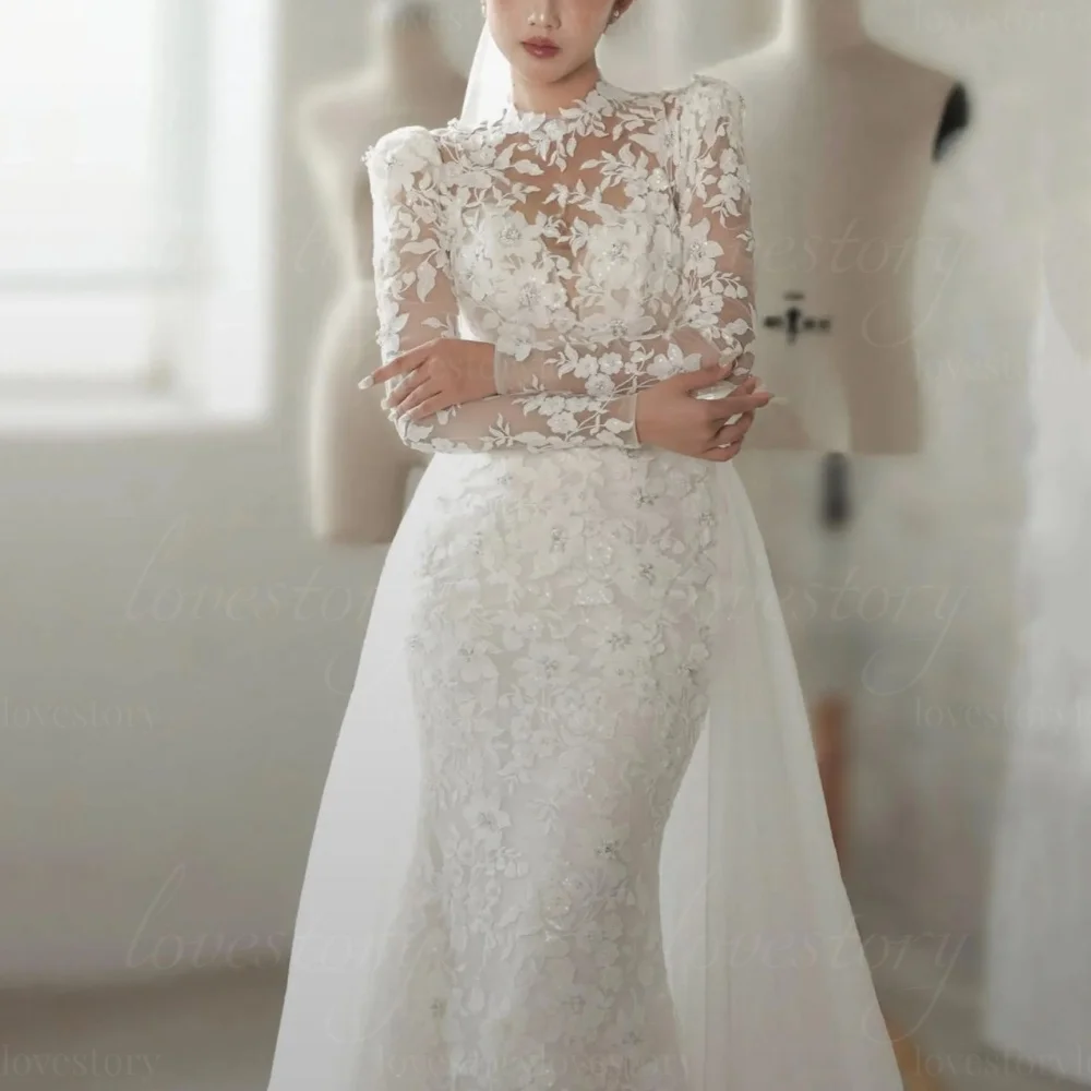 Luxury Lace Wedding Dresses Customized Long Sleeves Modern Bridal Gowns Appliques Mermaid Bride Robes vestido de novia