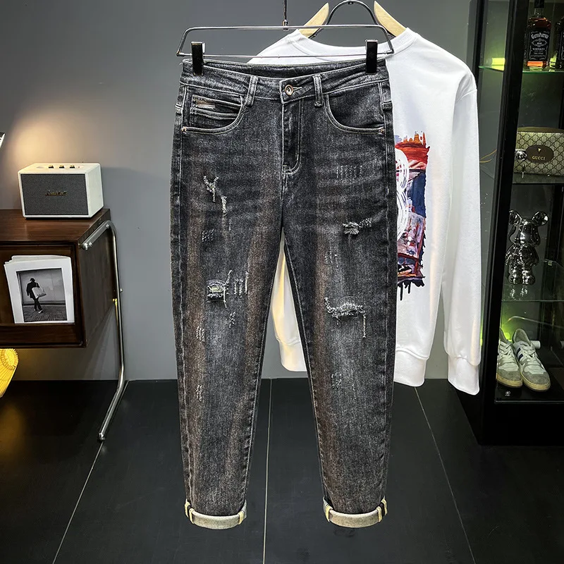 Autumn and winter black gray jeans men 2024 new fashion holes denim casual Stretch Slim Fit Ankle tight trousers