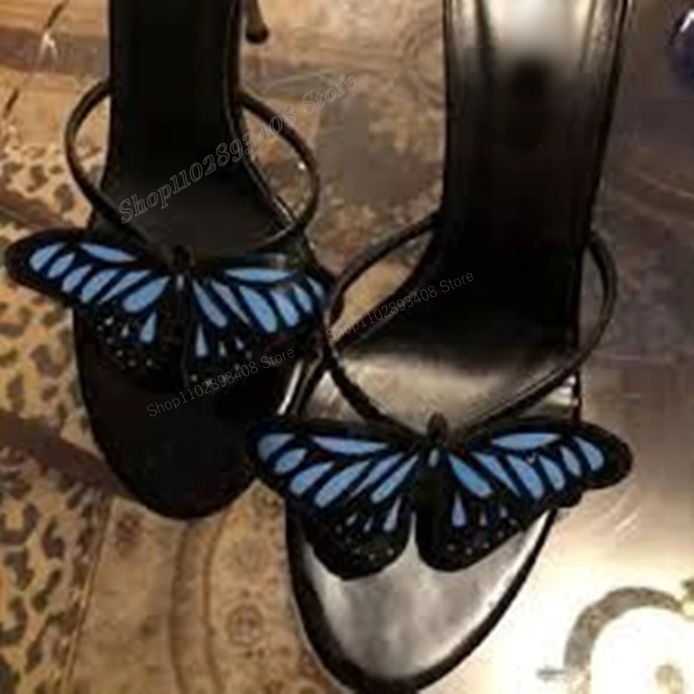 Blue Butterfly Design Hollow Slippers Elegant Stiletto High Heel Slip-on Fashion Sexy Women Shoes 2024 Zapatos Para Mujere