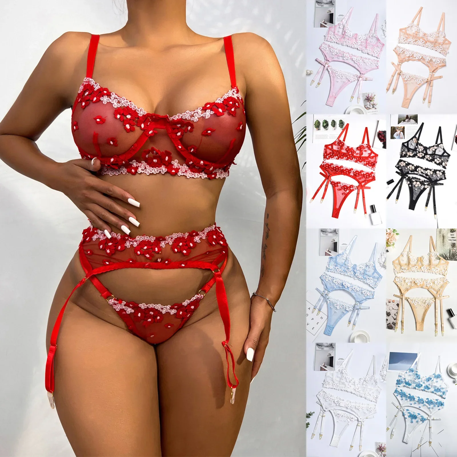 

Women's Floral Embroidery Underwear Set Adjustable Shoulder Strap Transparent Lace Lingerie Summer Small Fresh Lingerie Set