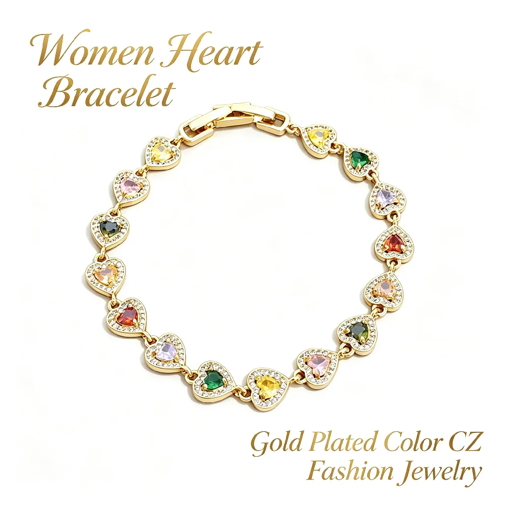 Greatera Damenarmband aus Kupfer mit Herzanhänger, zierliche, farbenfrohe Zirkon-Handkette, Party, klassisch, romantisch, wasserdichter Schmuck – Detail 2