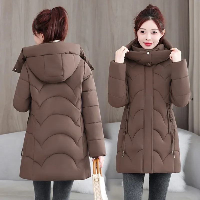 

Autumn Winter New Fashionable Medium To Long Women Thick Warm Cotton Jacket Versatile Solid Color Lady Casual Hoodie Coat