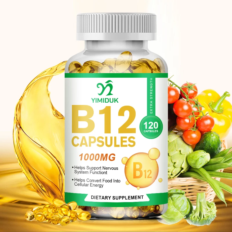 كبسولة فيتامين B12 بفيتامين B12 ، استقلاب الطاقة ، نظام التعصيب ، رعاية خلايا الدم ، تخفيف القلق ومكملات التهيج