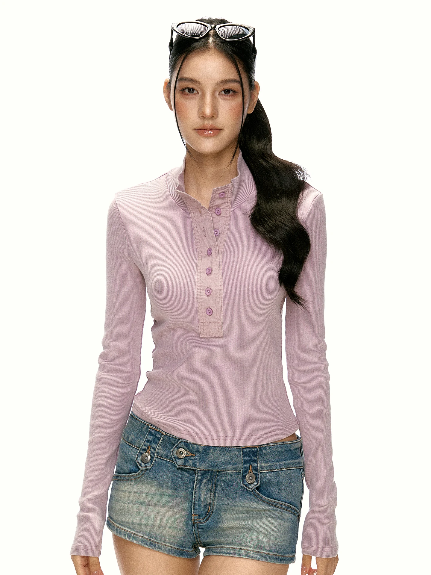 Aaisup Pink Button Decorated Stand Collar Long Sleeve Slim Fit Base Layer Top for Women Casual Style Autumn New Arrival