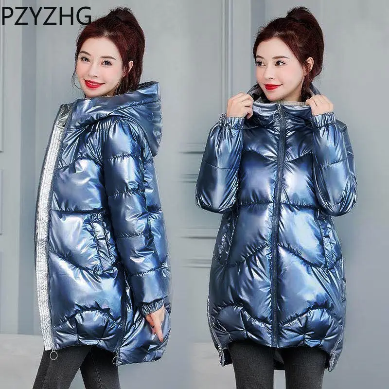 Women 2023 New Winter Jacket Parkas  Glossy Down Cotton Jacket Hooded Parka Warm Female Cotton Padded Jacket Casual Outwear