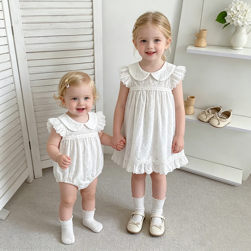 2026 Neuer Sommer 0-24M Baby Mädchen Kurzarm Baumwolle Weißer Strampler 2-6 Jahre Kinder Prinzessin Süßes Stickerei-Kleid Schwesterkleid – Detail 34