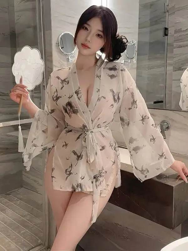 Sexy puro deseo estampado mariposa pura encaje profundo cuello en V Kimono camisón pijama Albornoz vestido elegante dulce Sexy FE6M