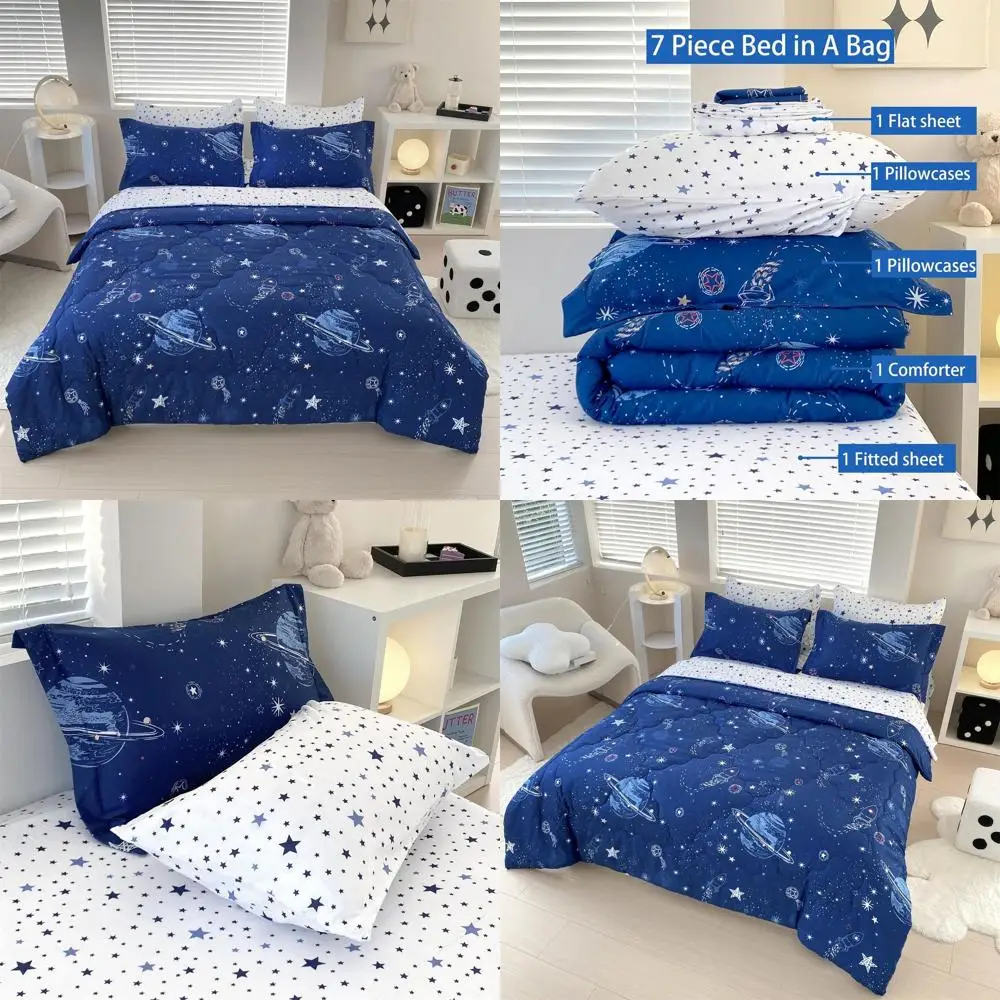 

Twin Size Boys Space Themed Comforter Set with Star, Rocket, and Galaxy for Kids and Teens - Microfiber Blue All-Season Bedding