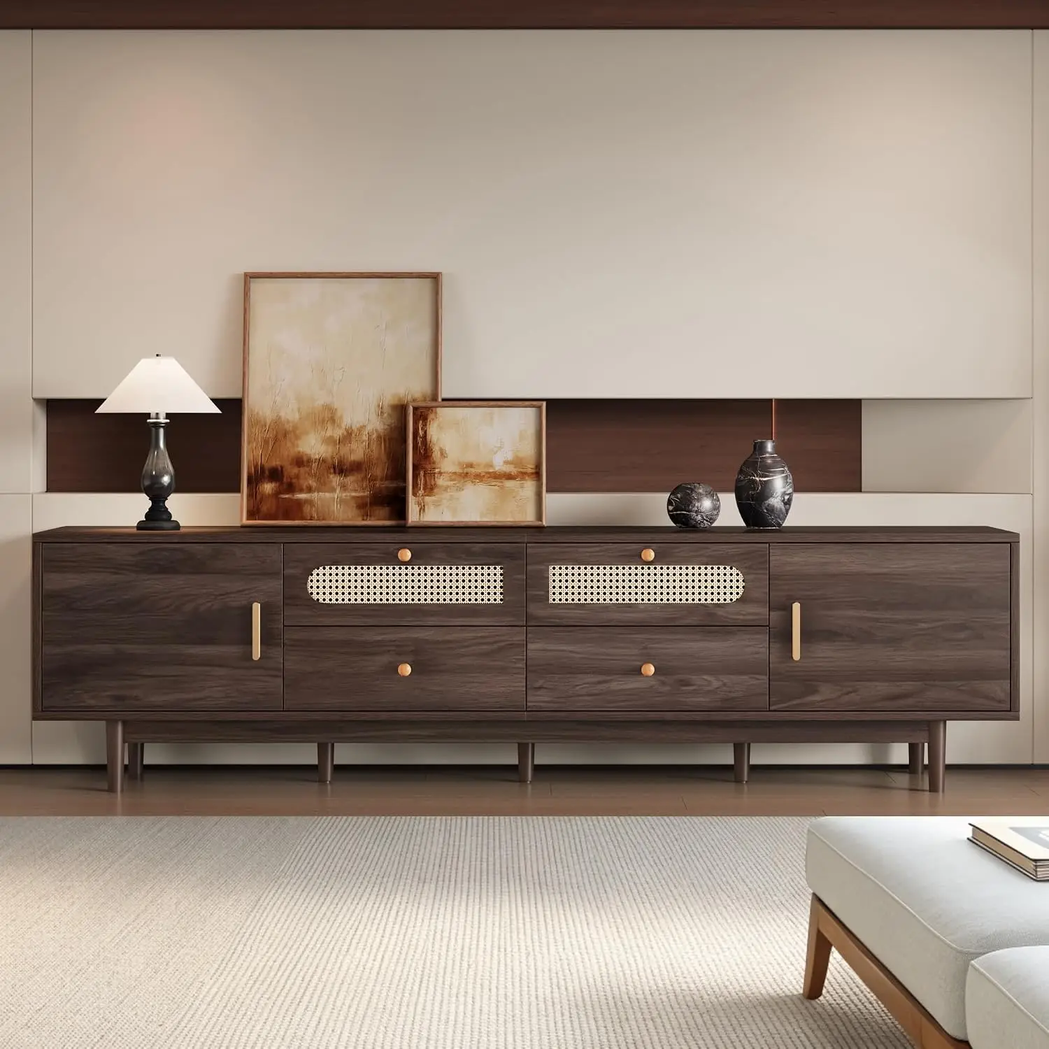 Mid-Century TV Stand 75-85 Inch, Rattan Media Console with Doors, 2 Cabinets & Drawers, Cable Management, Wood Legs, Customized