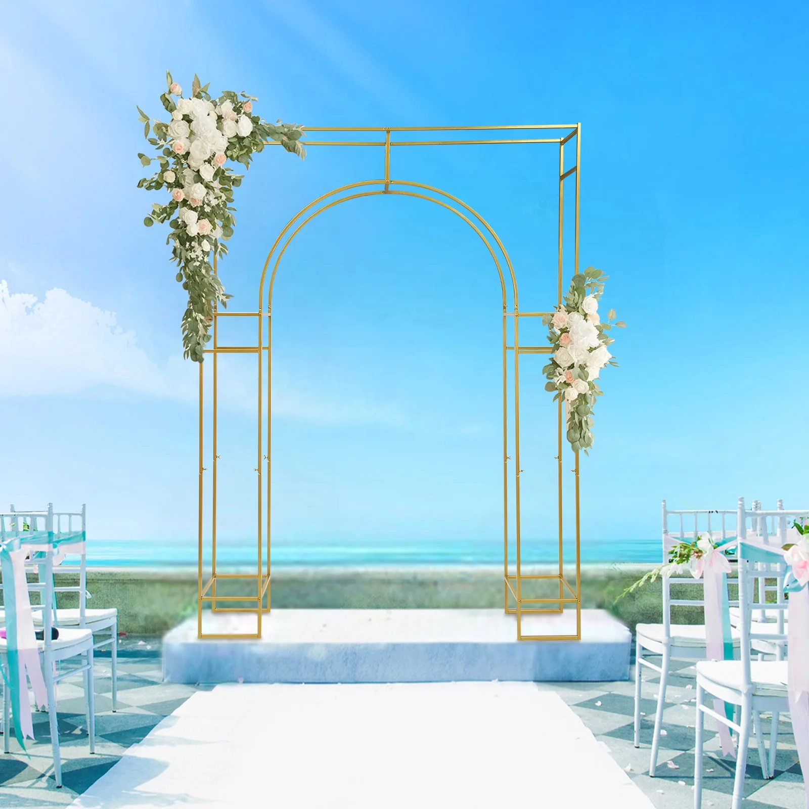 Heavy Duty Carbon Steel Ceremony Arch Frame High Temp Baking Paint Anti-Rust Square Outer Round Inner Design Reinforced Crossbar Rounded Safe Edge Detachable Easy Store For Salon Store Opening Commercial Event Floral Balloon Background Prop