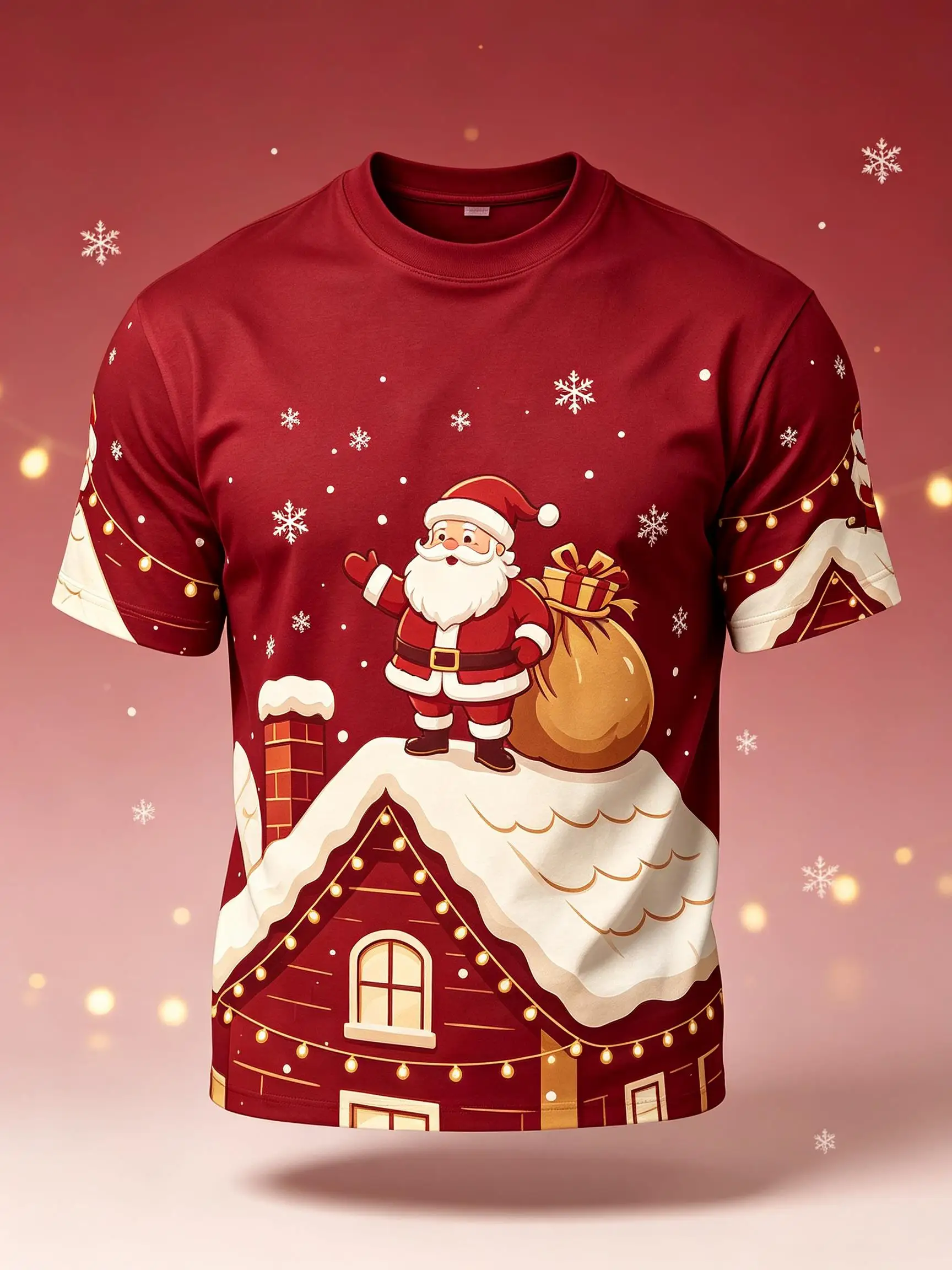 Men Christmas Holiday Tee, Cute Santa Claus With Gift Sack Snow House Scene Graphic Short Sleeve Casual Shirt