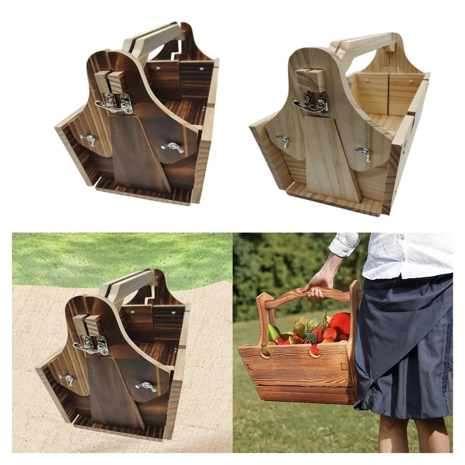 Portable Picnic Table 2in1 Wooden Handle Portable Wooden Basket Dish for Cheese and Fruit for Park Picnic Hiking Camping Outdoor