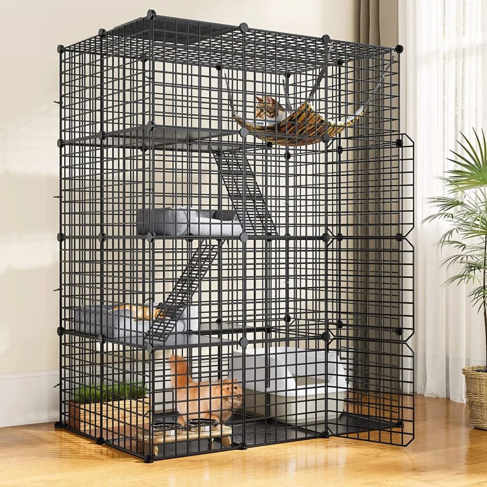 Large Cat Cage Enclosure Metal Wire 4-Tier Kennel DIY Playpen Catio with Hammock