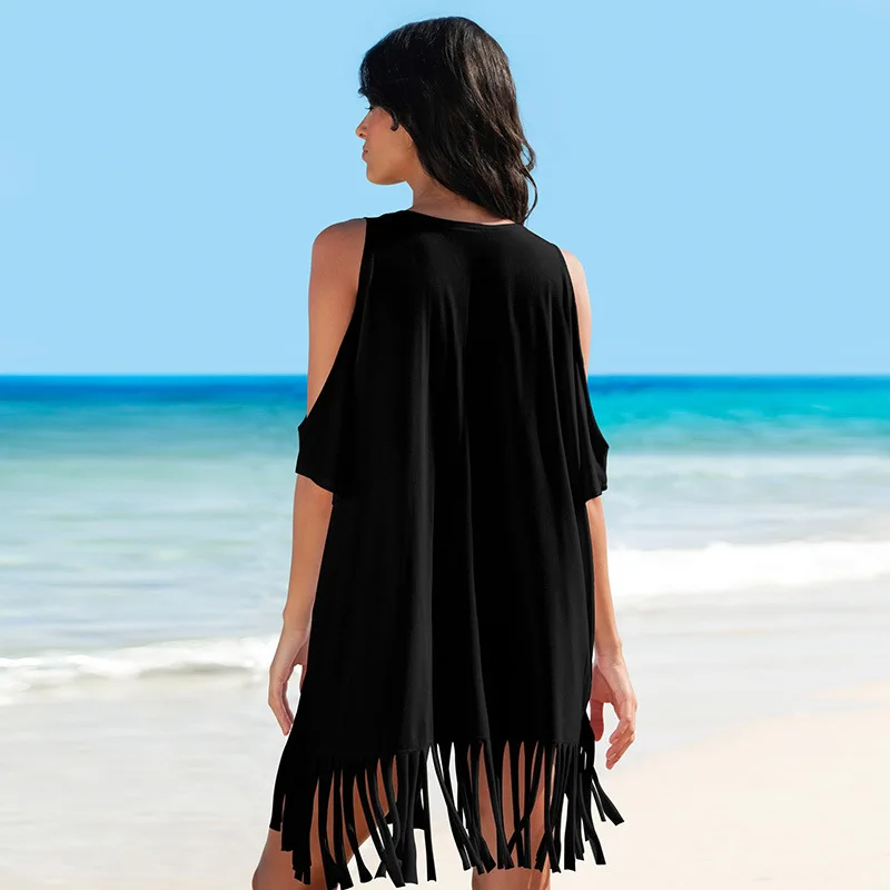 Beach Vacation Women's Swimsuit Cover Off Shoulder Sexy Dress Sunscreen Women's Beach Wear Bikini Swimsuit Cover Up Shirt Tassel