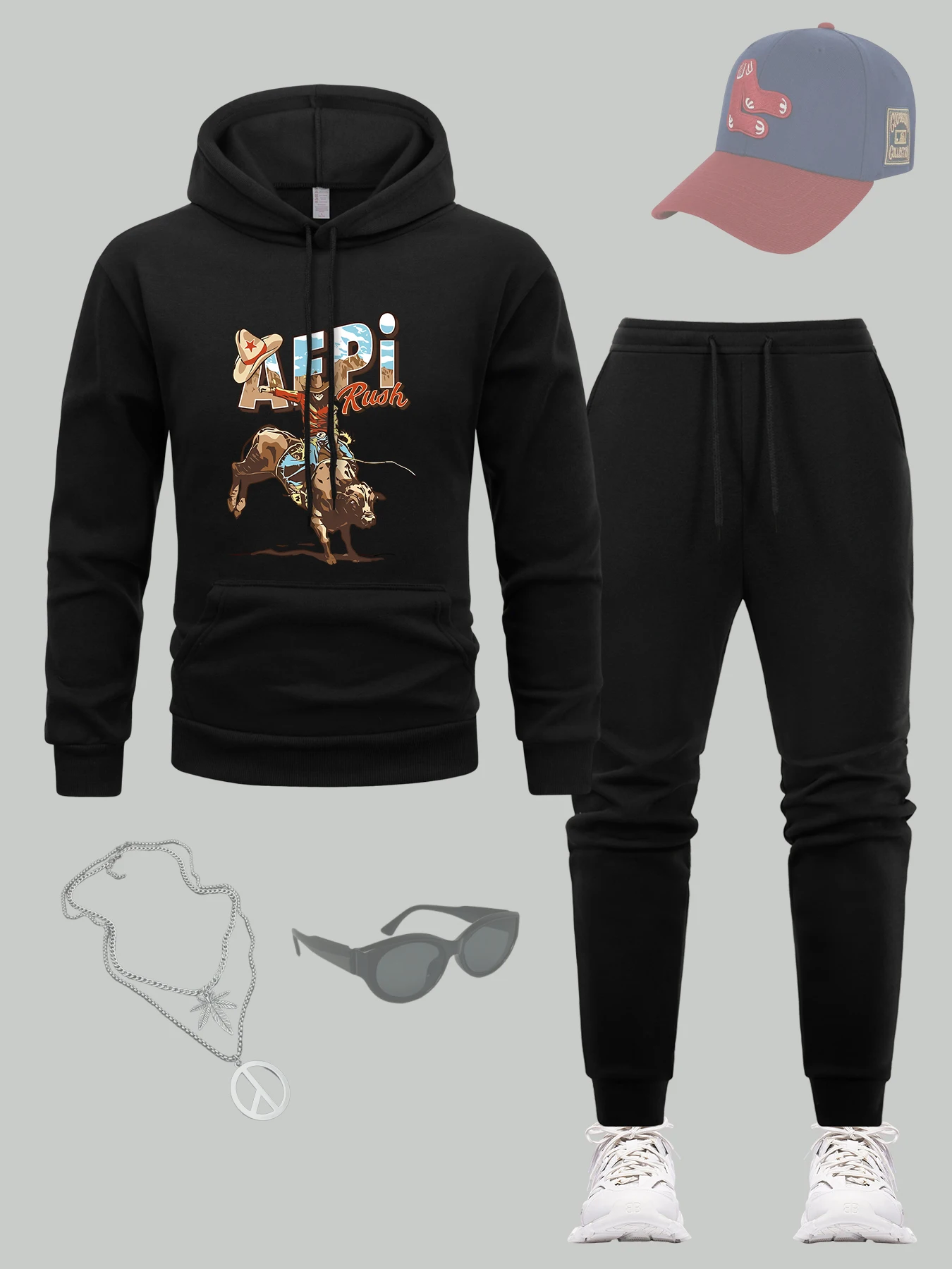 

Aepi Rush Cowboy Prints Hoodie Suit Man Autumn Fleece Sweatpants Sport Hip Hop 2 Piece Set Street Pocket Casual Men'S Tracksuit
