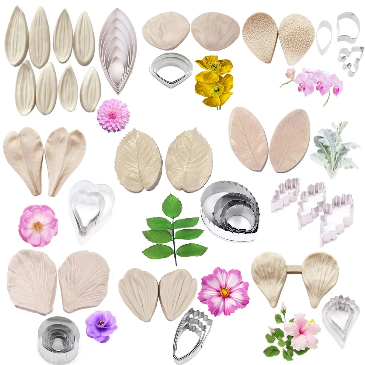 Gumpaste Flower Molds& Cutters,Fondant Flower Moulds, Silicone Veiner Molds,Sugar Flower for Fondant Chocolate Soap Polymer Clay