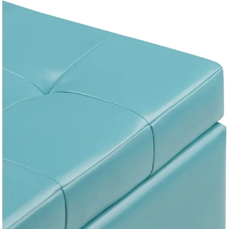 Cosmopolitan 34 inch Wide Rectangle Lift Top Storage Ottoman in Upholstered Soft Blue Tufted Faux Leather, Footrest Stool