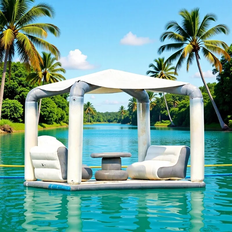Inflatable floating island water dining bar dining table, sea sofa with net swimming pool floating platform