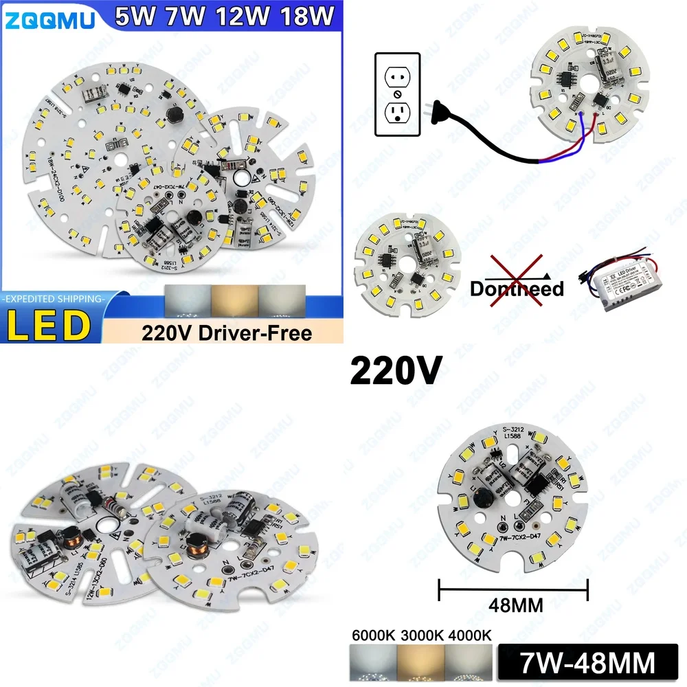 10 pcs 5W 7W 12W 18W AC220V Driverless LED Chip 2835 SMD Round Lamp Beads DOB Bulb Light 3 Colors High Brightness Efficient