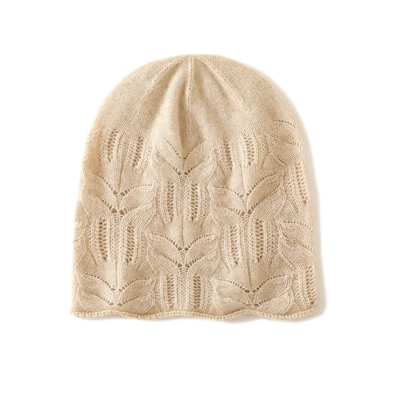 

Women 35% Cashmere 65% Wool Beanie Hat Openwork Warm Hat Fall Winter Hollowed-out Knitted Flower Patterns Bonnet Natural Fabric