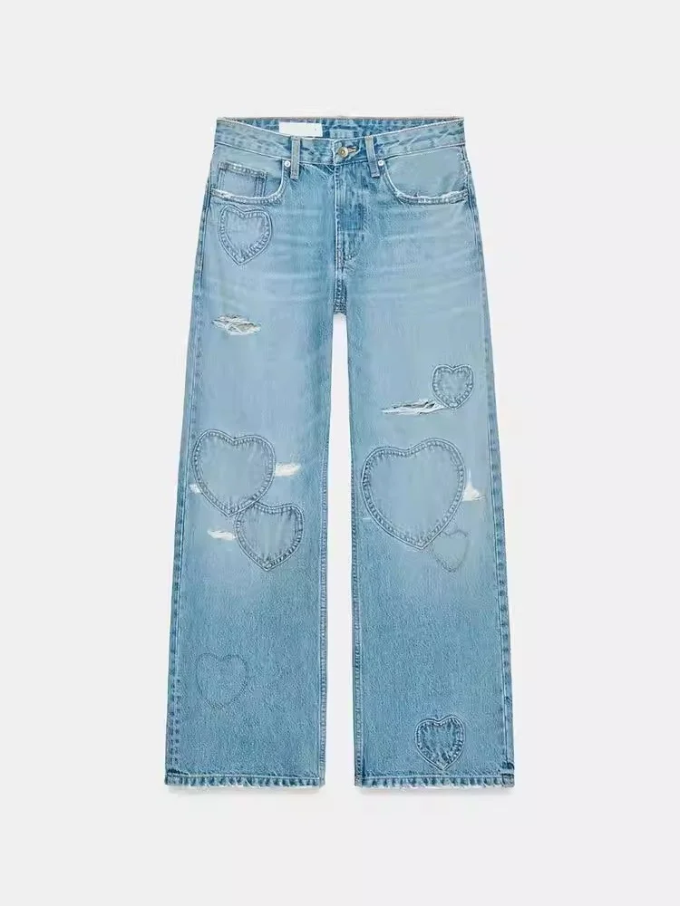 

Spring Summer New Loose Straight Leg Denim Jeans Women's Fashion Heart Patch Versatile mid Waist Boyfriend Style Jeans