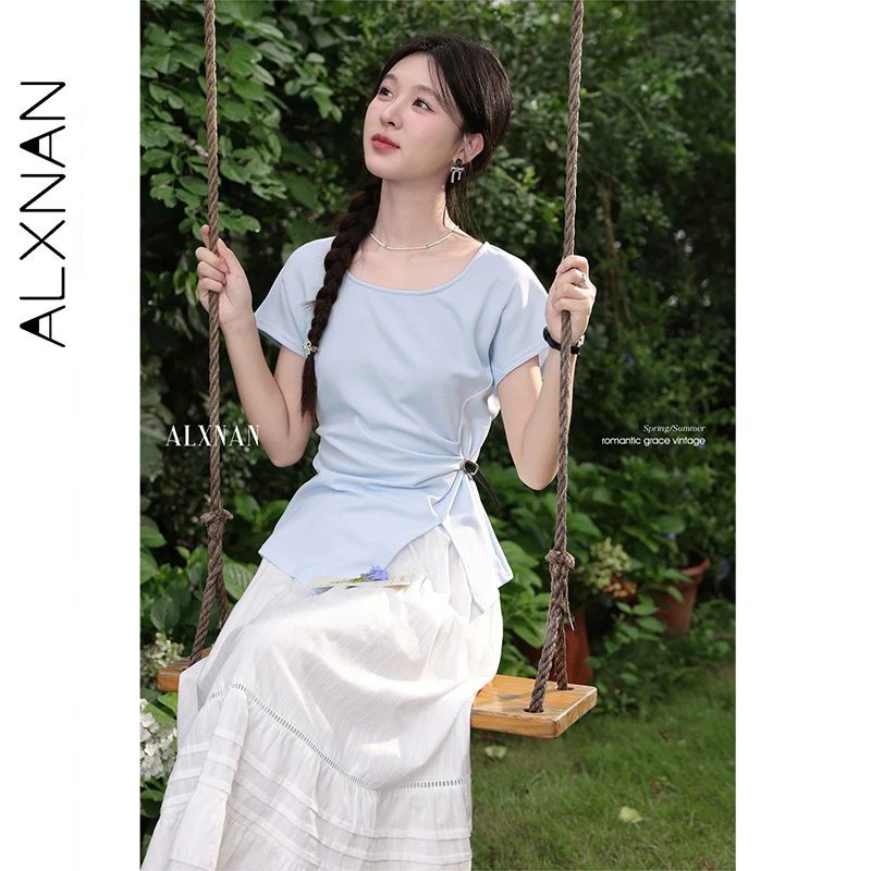 ALXNAN Blauw T-shirt voor Vrouwen Elegante U-hals Onregelmatige Geplooide Katoenen T-shirt 2025, Zomer Casual Korte Mouw Tops Vrouwelijke L56601