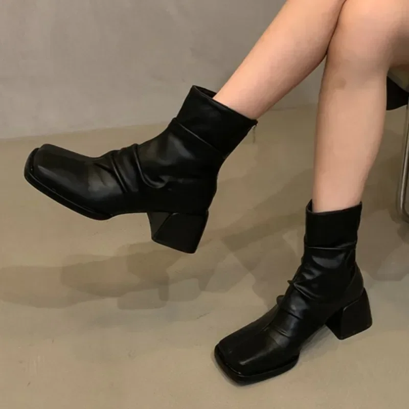 Square Toe Chelsea Ankle Boots Women High Heels Designer Thick Sole Gladiator Shoes 2024 Fall Punk High Heel Women Ankle Boots