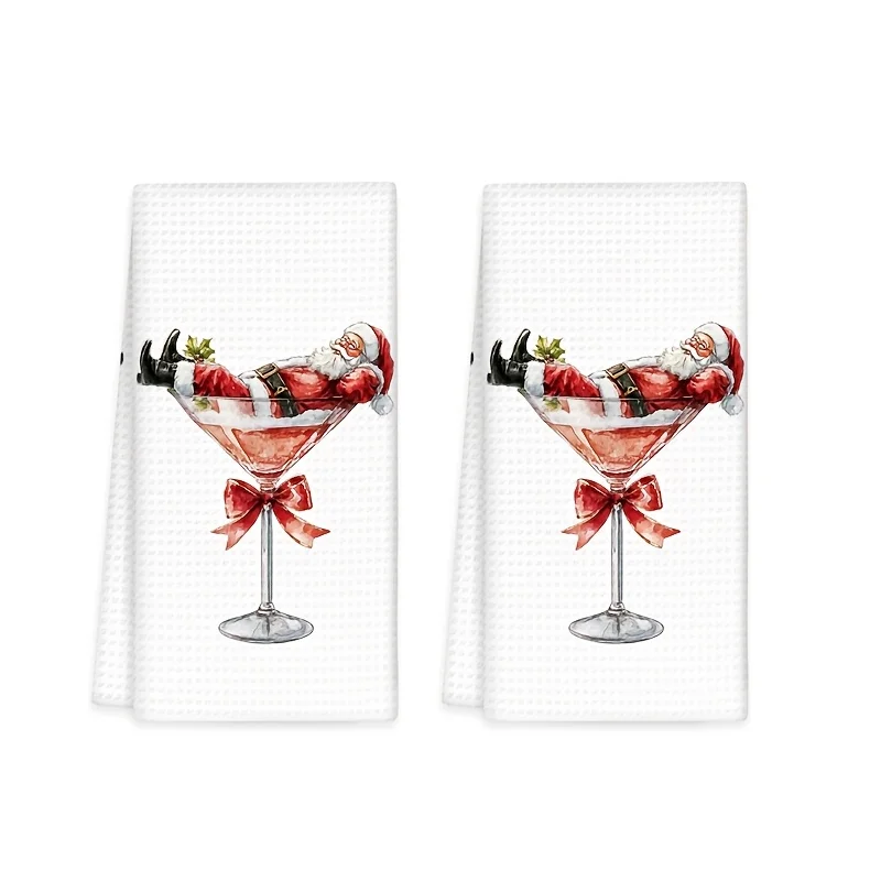 2 Humorous Santa Claus Lying Wine Glass Kitchen Towel