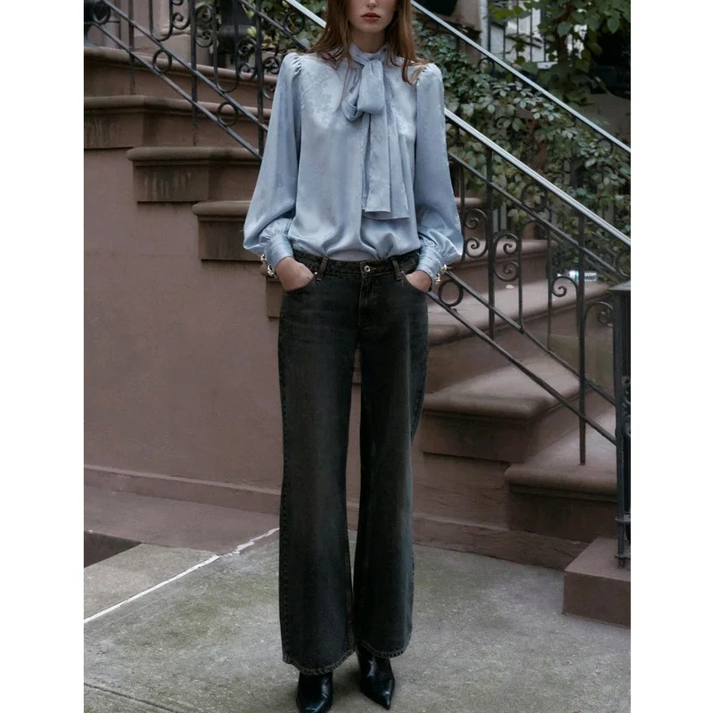 شتاء جديد المرأة عالية الياقة طويلة Sve المطرزة الحرير عقدة من الساتان مزين irt سليم صالح تخفيف Sle التنفس... #2