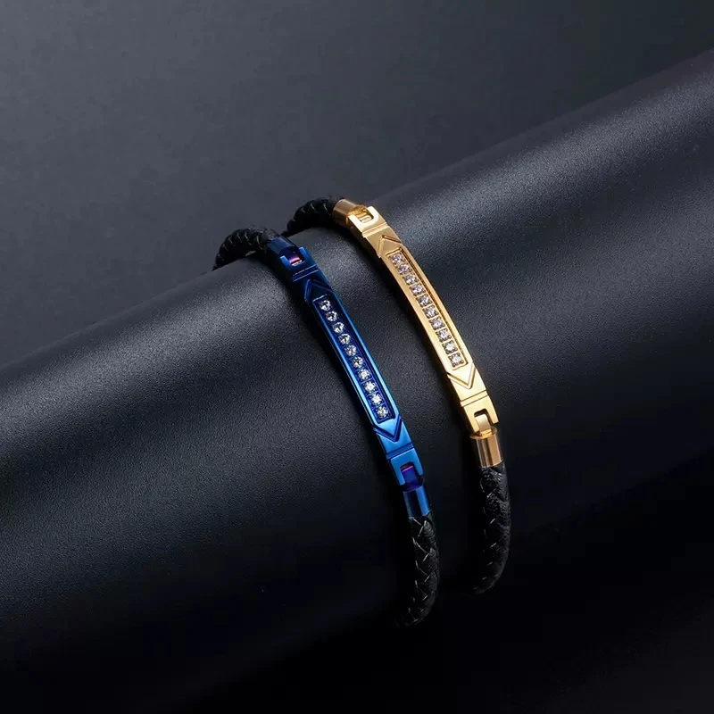 Moocare Fashion Leather with Stainless Steel Bracelet for Men Gold Plated Metal with Black Zircon Wrist ChainChristmas Gift