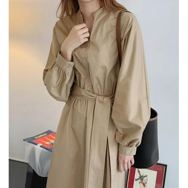 REALEFT Spring Autumn Stand Collar Women\'s Shirt Dresses Sashes 2024 New V-Neck Solid Korean Casual Straight Dress Female