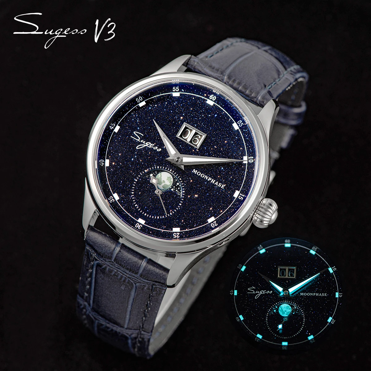 Sugess Origin ST2528 Movement Mechanical Wristwatch Men Watch Luxury Real Blue Stone Dial Stainless Steel Case Moonphase Clock