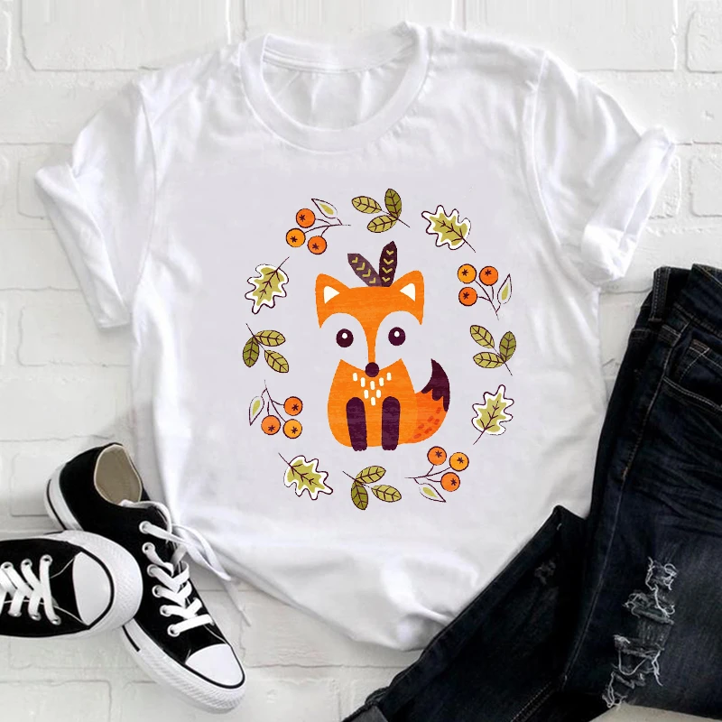 Women Short Sleeve Floral Flower Trend Fashion Fox Cartoon Animal 90s Pretty Ladies Graphic Print Tee Top Tshirt Nice T-shirt