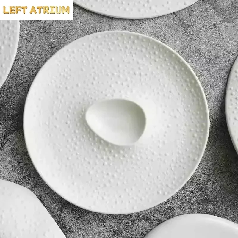 Pure White Bead Dot Ceramic Plate Irregular Dessert Plate Sushi Plate Thick Soup Plates Creative Molecular Cooking Tableware