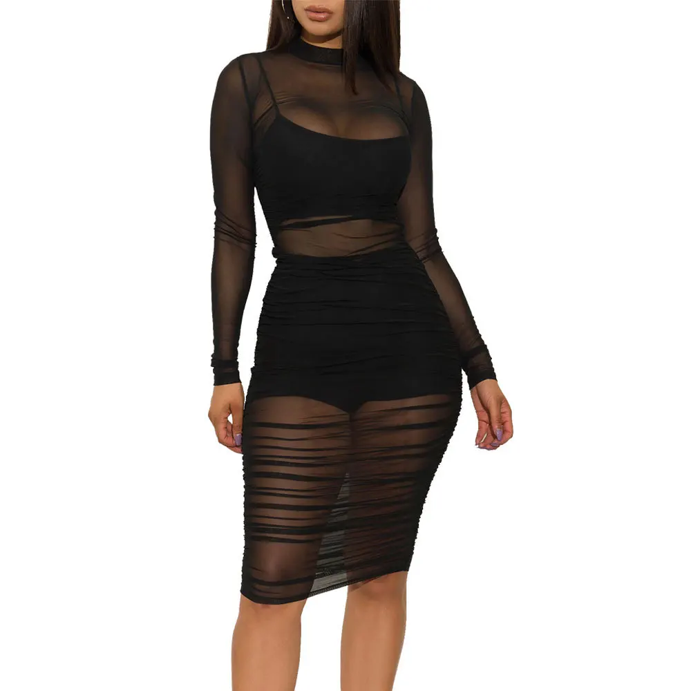Women Mesh See Through 3 Piece Set Bodycon Ruched Cover Up Midi Dress+Camis+Shorts 3 Pieces Suits Sexy Night Club Party Outfits
