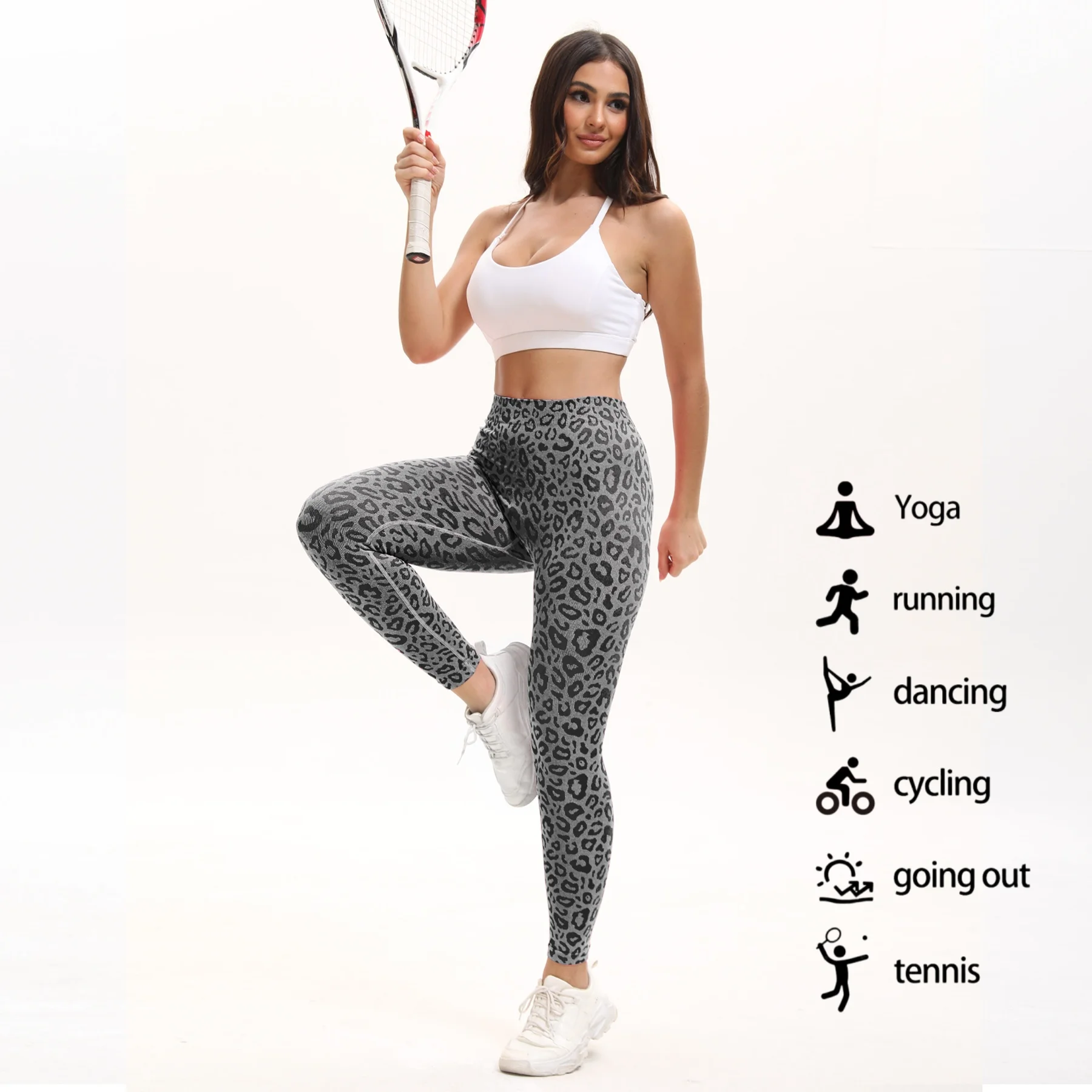 Leggings fitness com estampa leopardo para mulheres, calças de ioga em forma de V de cintura alta, controle abdominal opaco macio