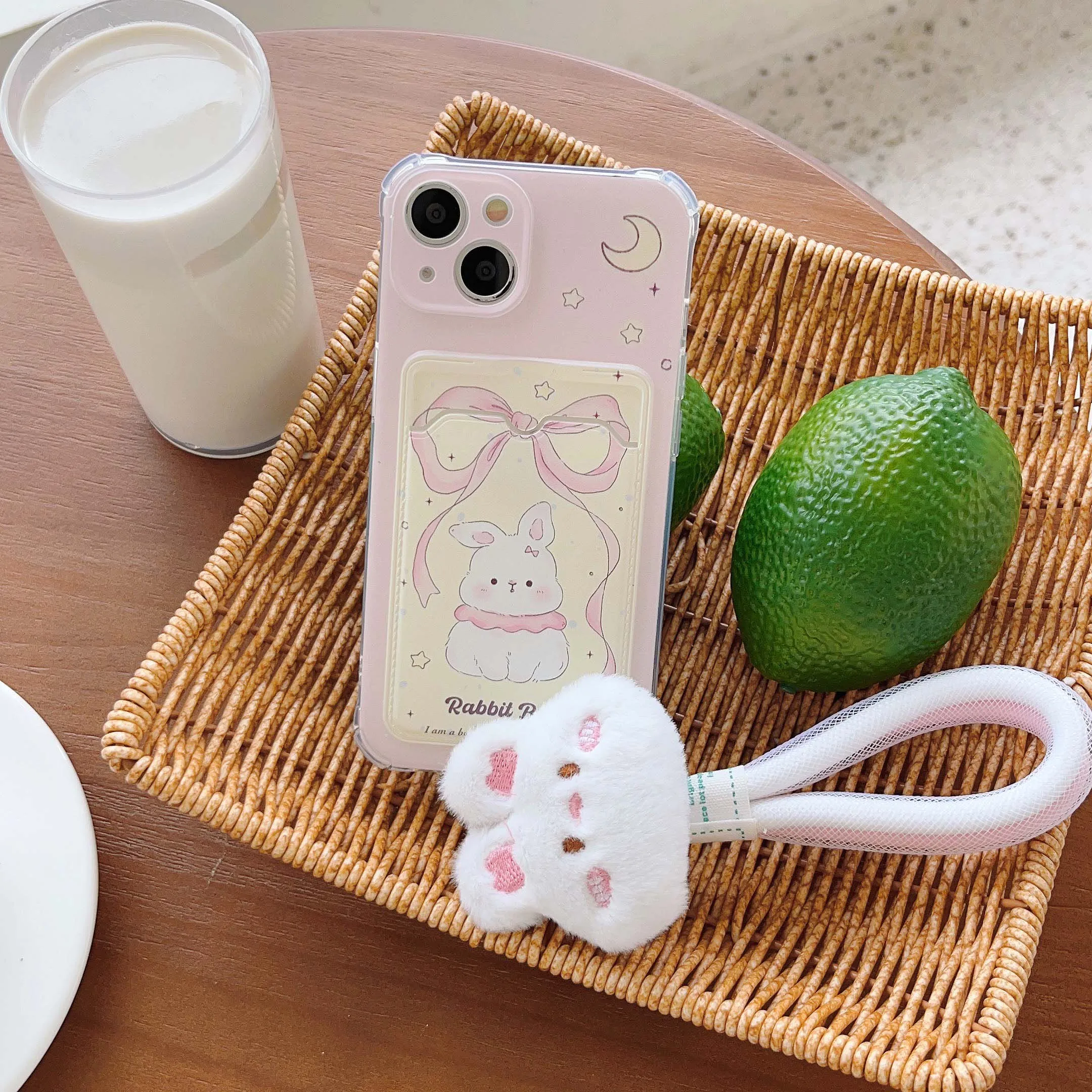 Cute Pink Bow Rabbit Card Bag Phone Case For Iphone 13 11 14Pro 15ProMax 13Pro 12 14 15 Pro Max 13ProMax Plush Bunny Rope Cover