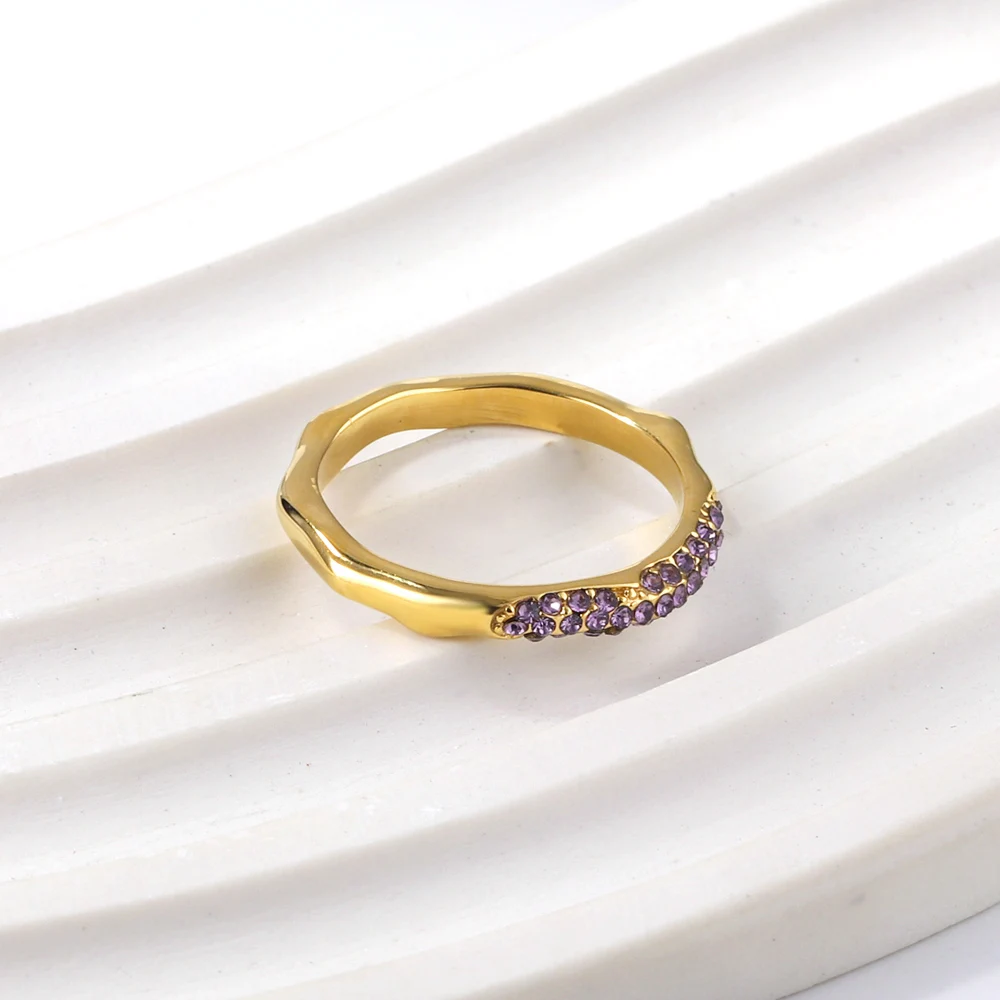LUXUSTEEL Simple Irregular Rings Purple CZ Zircon Engagement Band Ring Romatic Summer Party BFF Jewelry Gift For Women Lady