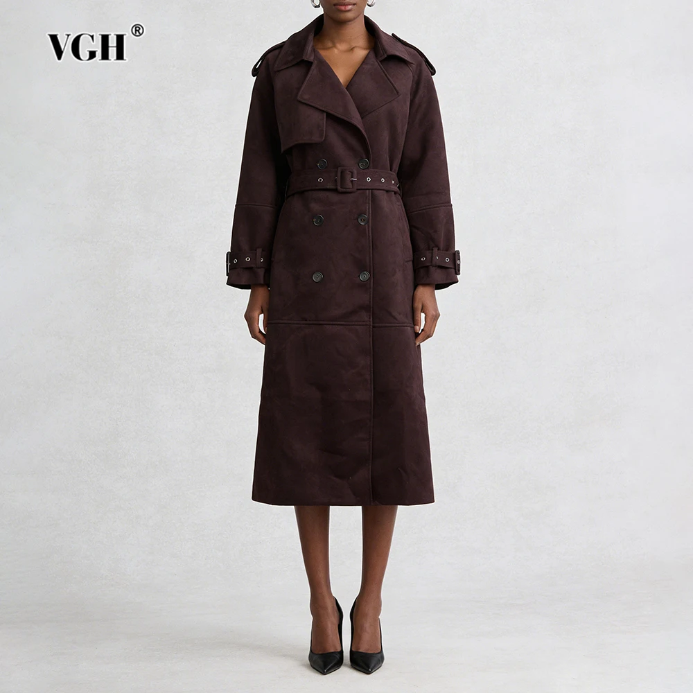 

VGH Solid Trend Warm Slimming Suede Jackets For Women Lapel Long Sleeve Spliced Belt Autumn Temperament Trench Coat Female New