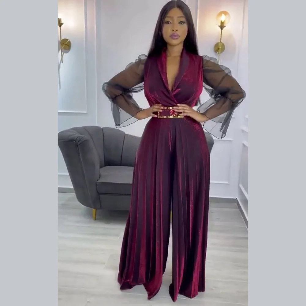 الأزياء المخملية مطوي بذلة واسعة الساق الخامس الرقبة حزام شبكة كم