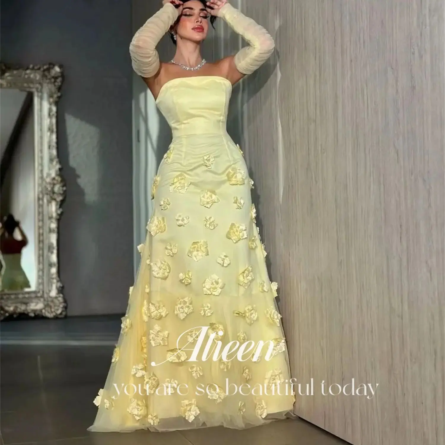 Aileen Yellow Off the Shoulders 3D Flowers Chubby Elegant Party Dresses on Offer Liquidation Evening Woman Gala Prom 2024 Dress