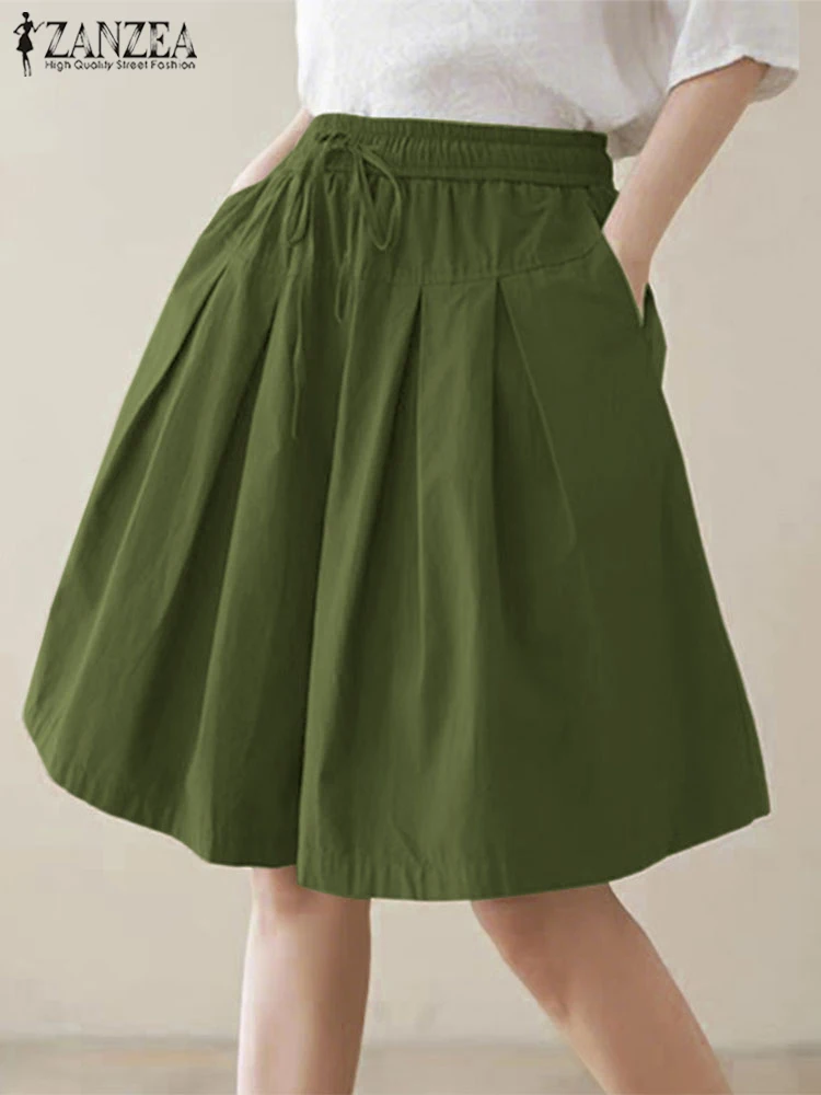 Summer Shorts Women Casual Loose Pleated Wide Leg Pants ZANZEA Solid Color Korean Short Trousers 2025 Lace-Up Bottoms Femininas